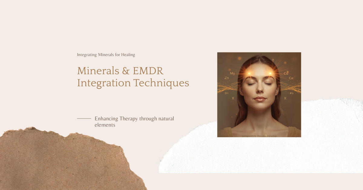 Blog header showing a calm woman with soft bilateral EMDR light at her temples, surrounded by mineral symbols (Mg, Ca, Zn, Cu, K), representing the connection between HTMA mineral patterns and trauma healing